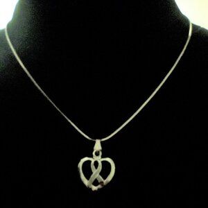 Silver heart w/red-tipped gray ribbon on 18"-21" necklace